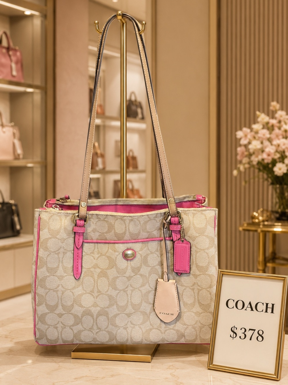 COACH Peyton Signature Double-Zip Carryall Tote Khaki Tan Hot Pink F24603
